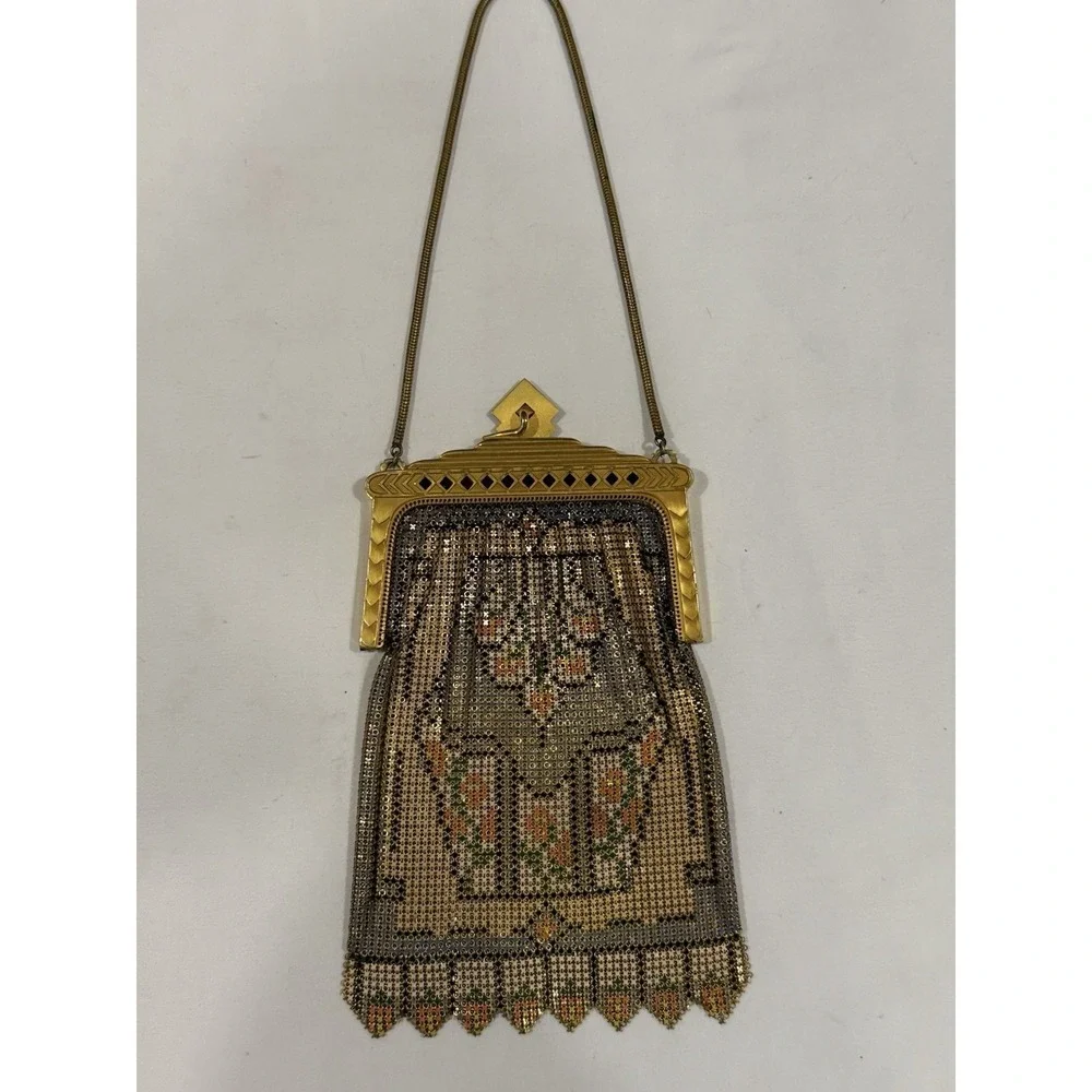 Antique Whiting and Davis Art Deco Enamel Mesh Purse Flapper Bag W/ Mirror